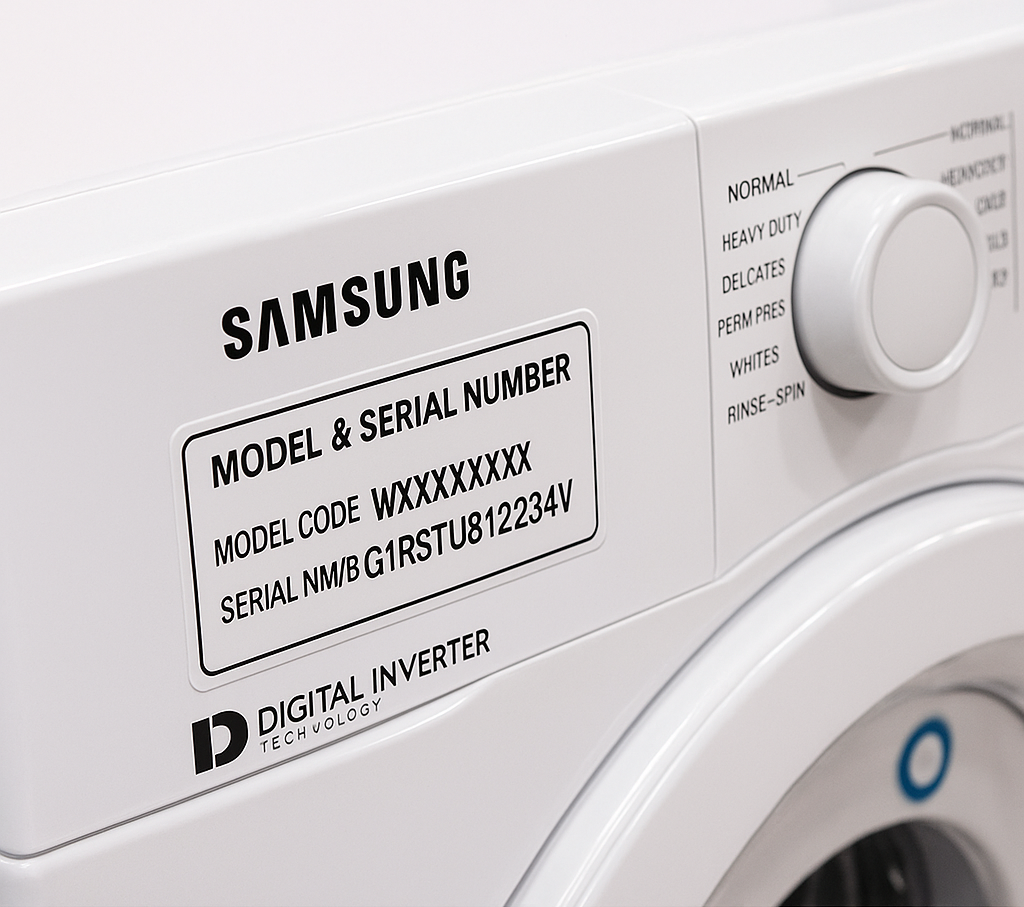 Samsung washers usually have the model and serial number printed on a sticker located near the door opening (Source: AZParts)