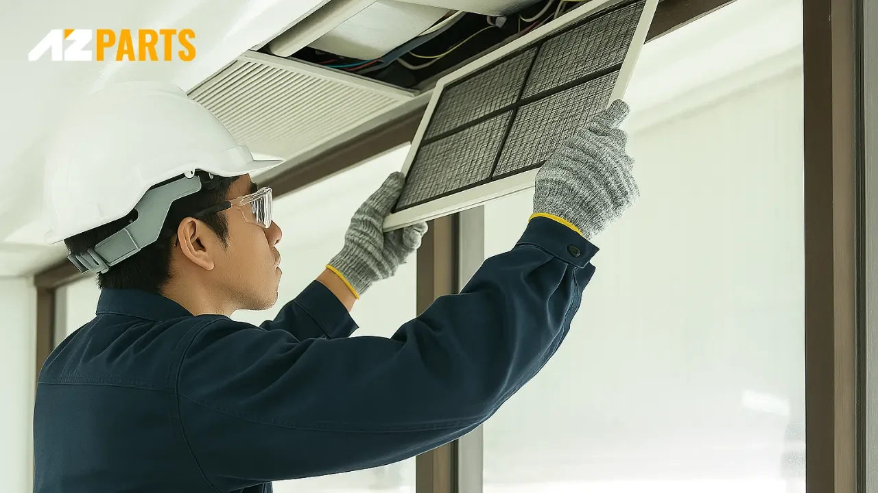 Air filter for air conditioner blowing hot air