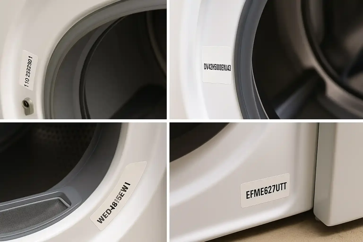 Examples of Model Number Label Placement on Dryer Frames