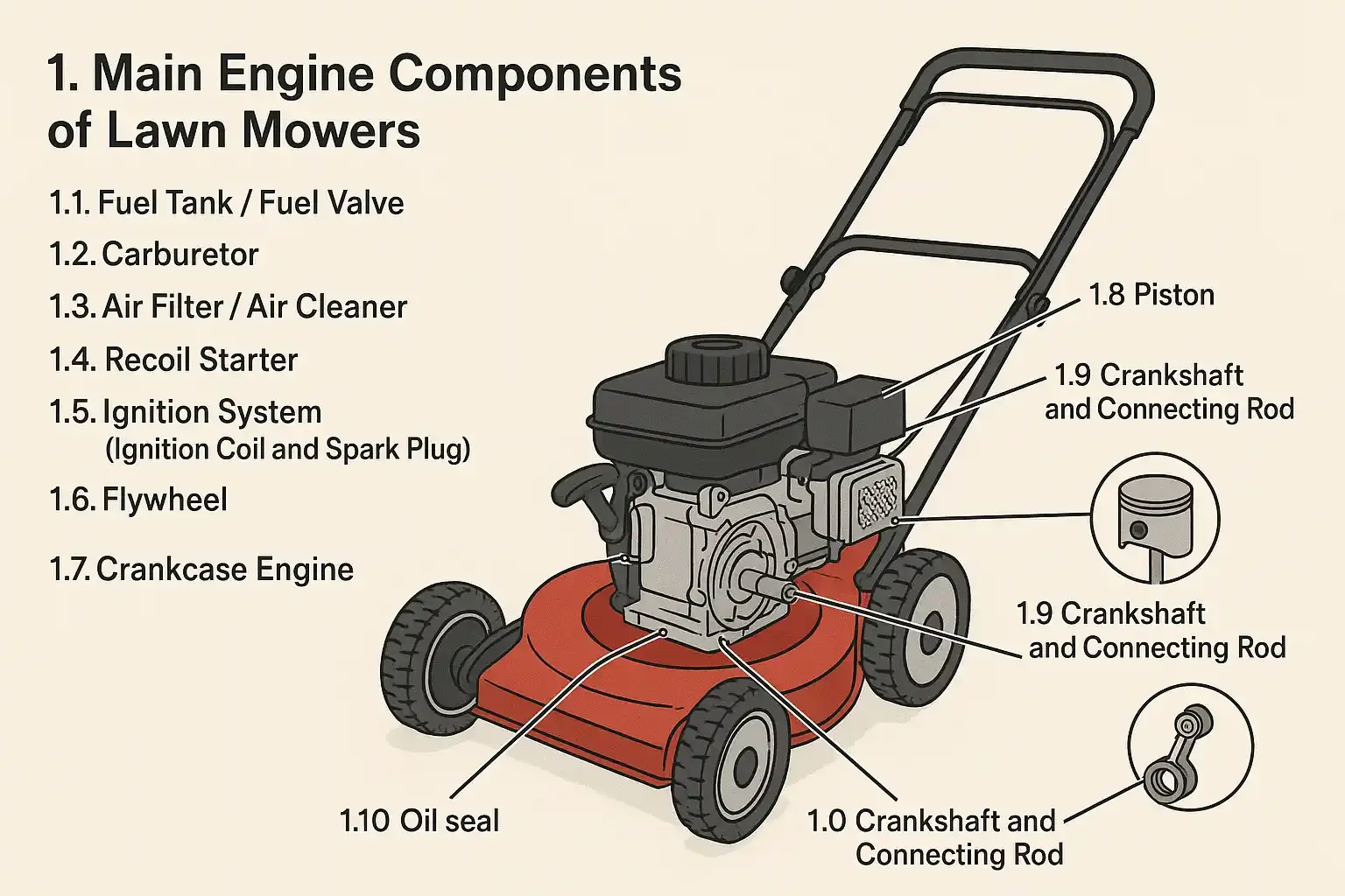 Main Engine Components of Lawn Mowers Location