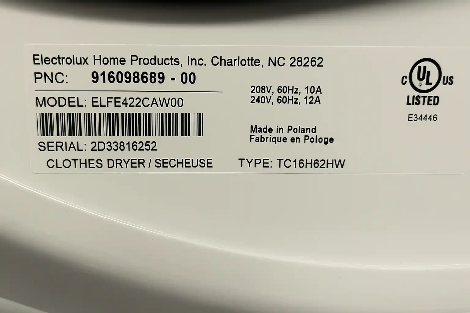 Actual Model Number Sticker from an Electrolux Clothes Dryer