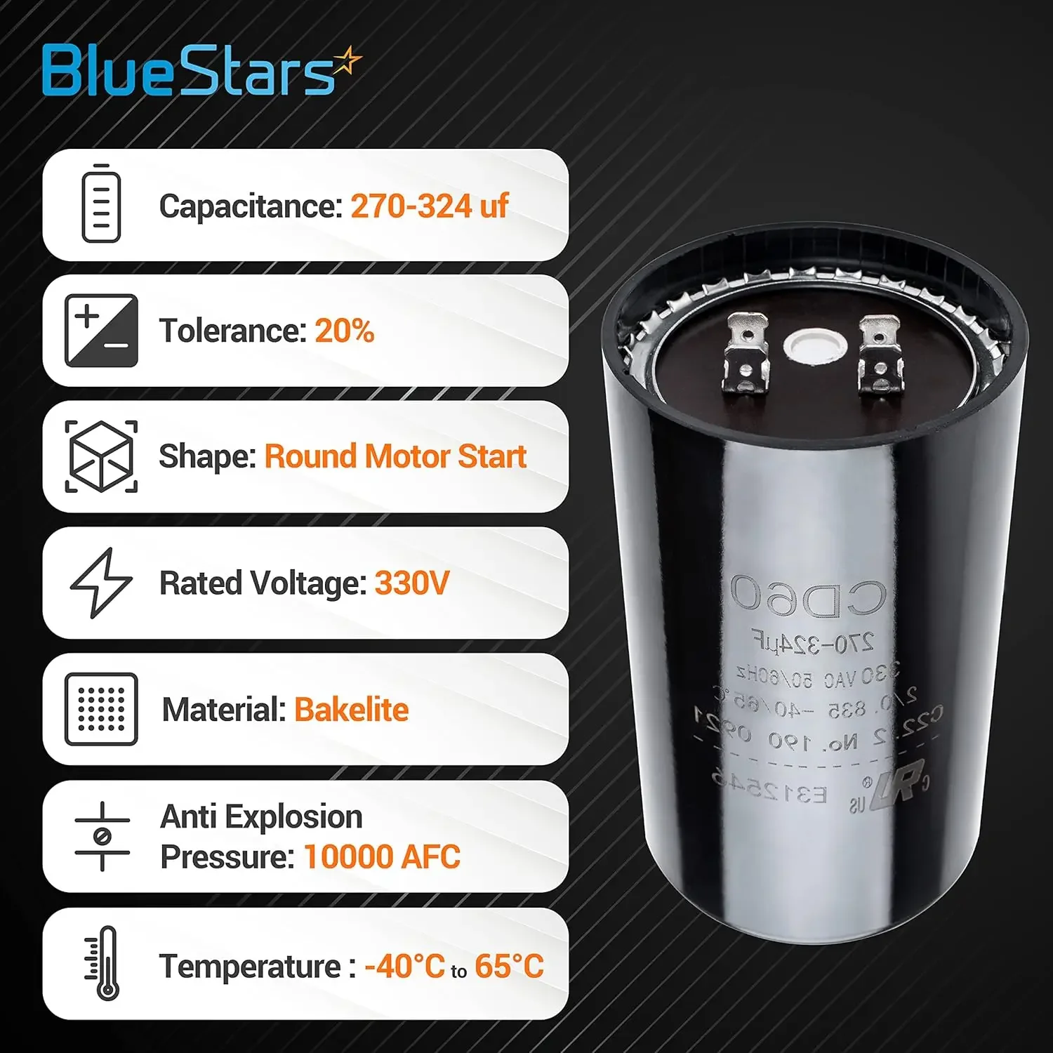 270 to 324/ MFD 330 VAC Round Start Capacitor is compatible with many AC units