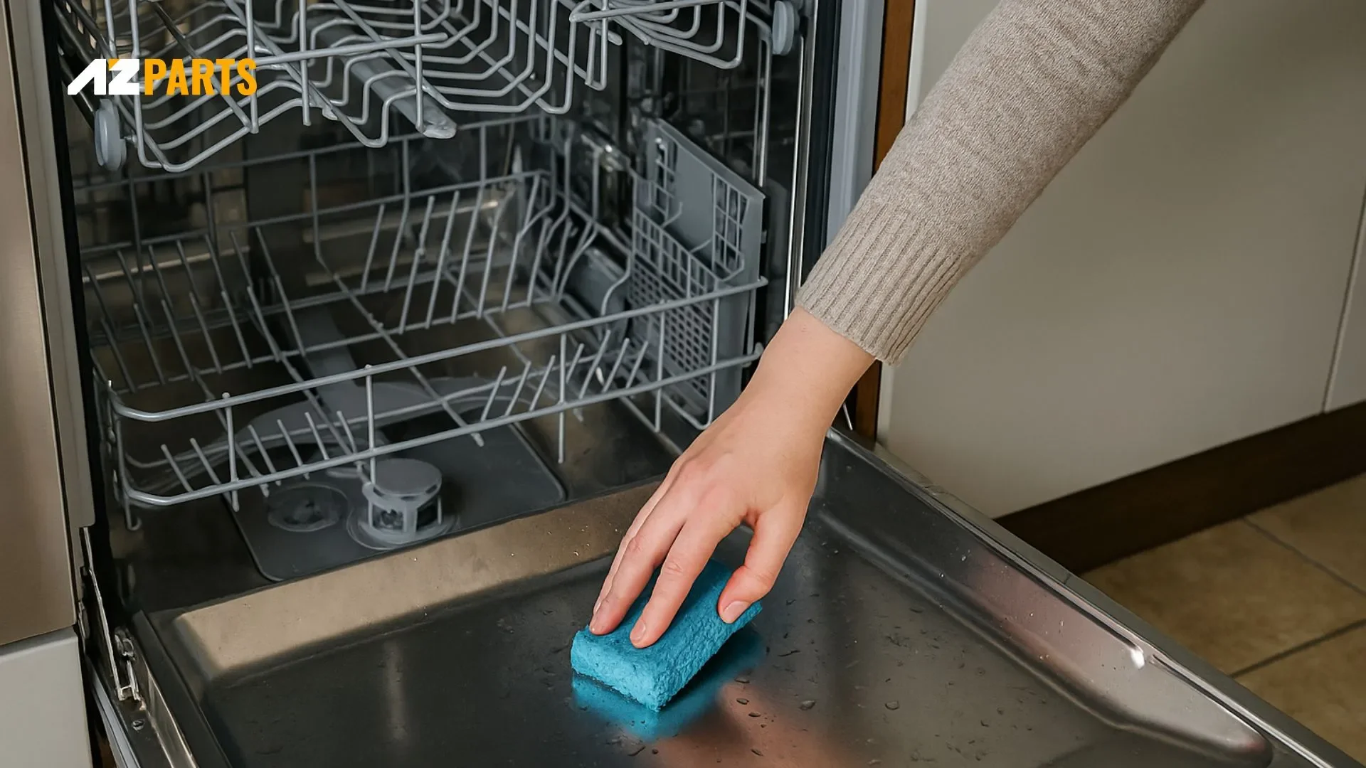 Wiping down the dishwasher interior with a sponge for a deep clean