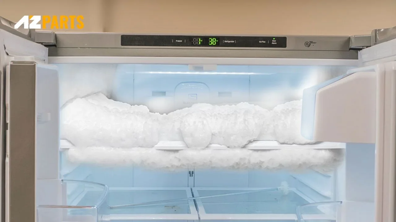 To defrost the ice buildup, turn off the refrigerator, remove all frozen items, and let the ice melt completely