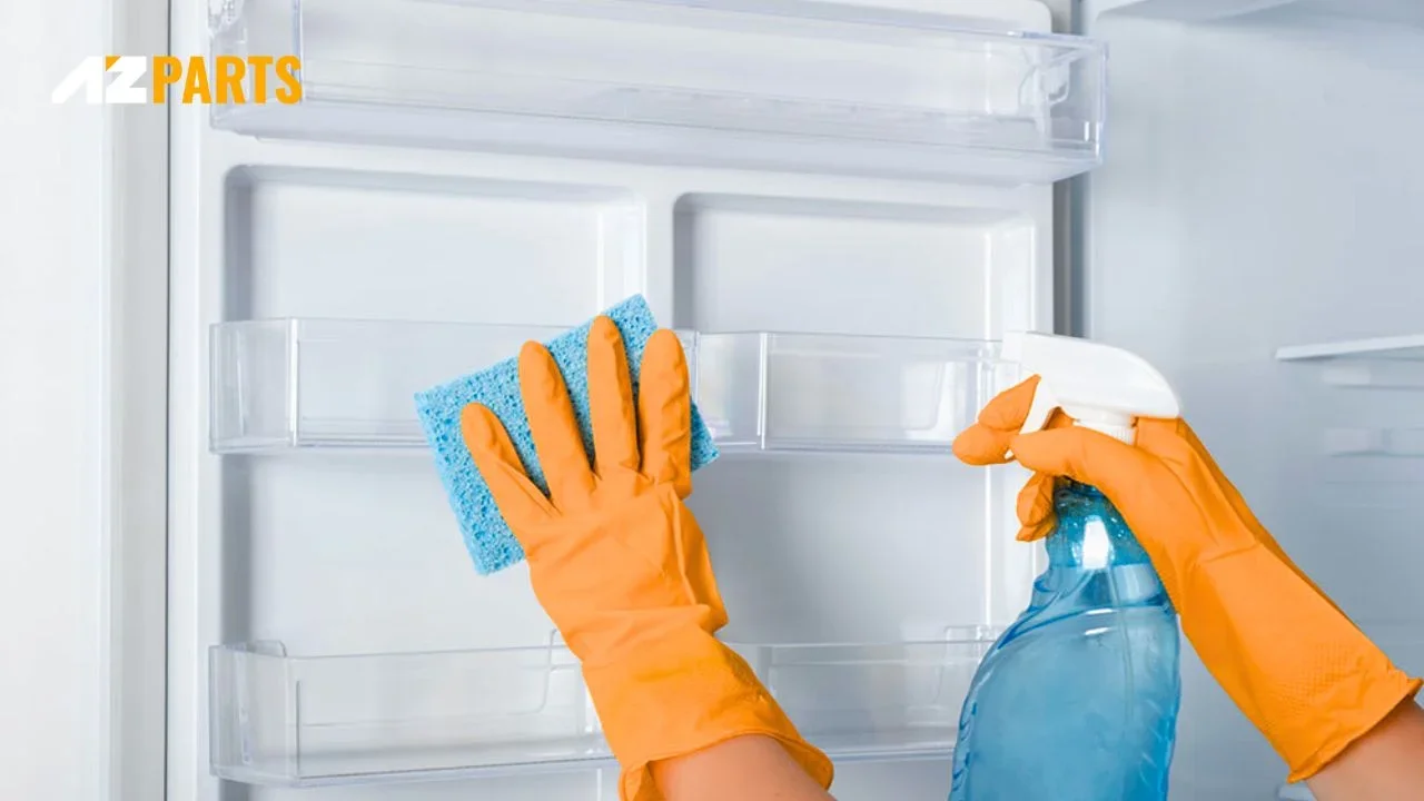 Remove the shelves, drawers, and trays, and wash them with warm, soapy water