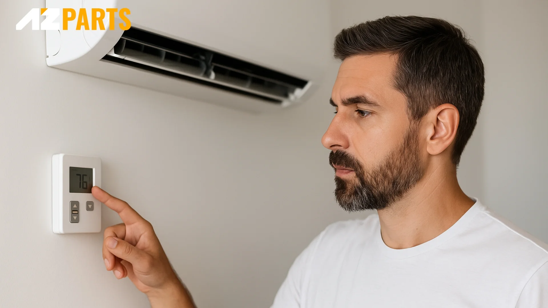 Checking AC thermostat on wall 