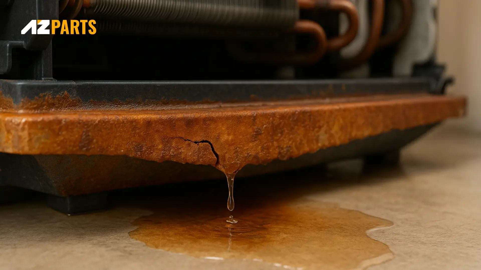 Rusted and cracked pan leads to leaking AC