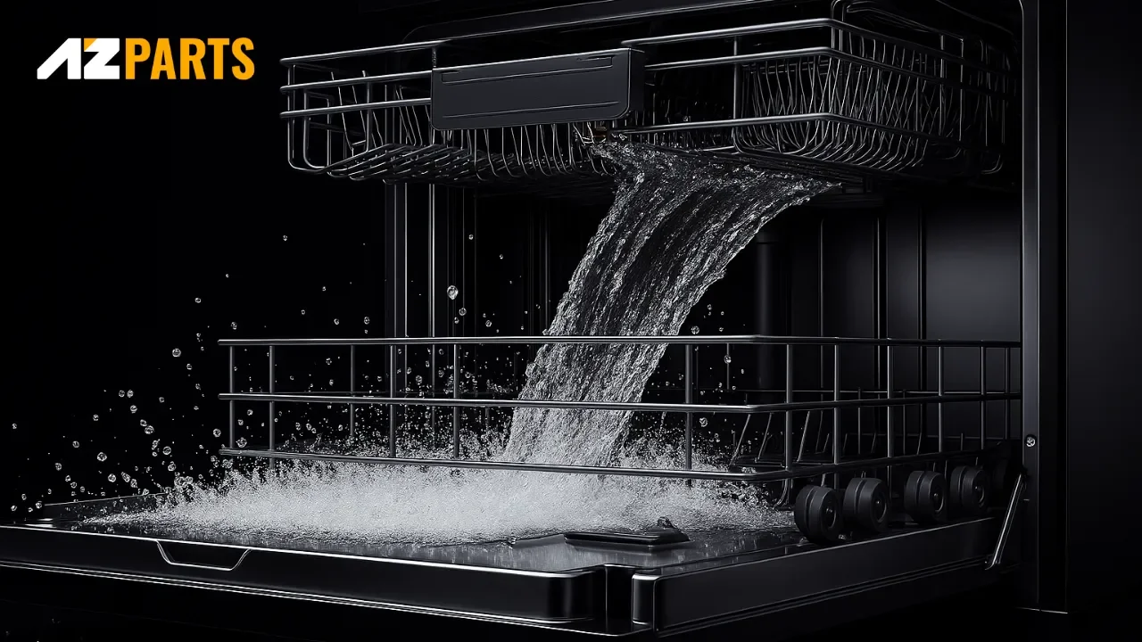 The spray arm rotates and distributes high-pressure water to clean the dishes inside the tub 