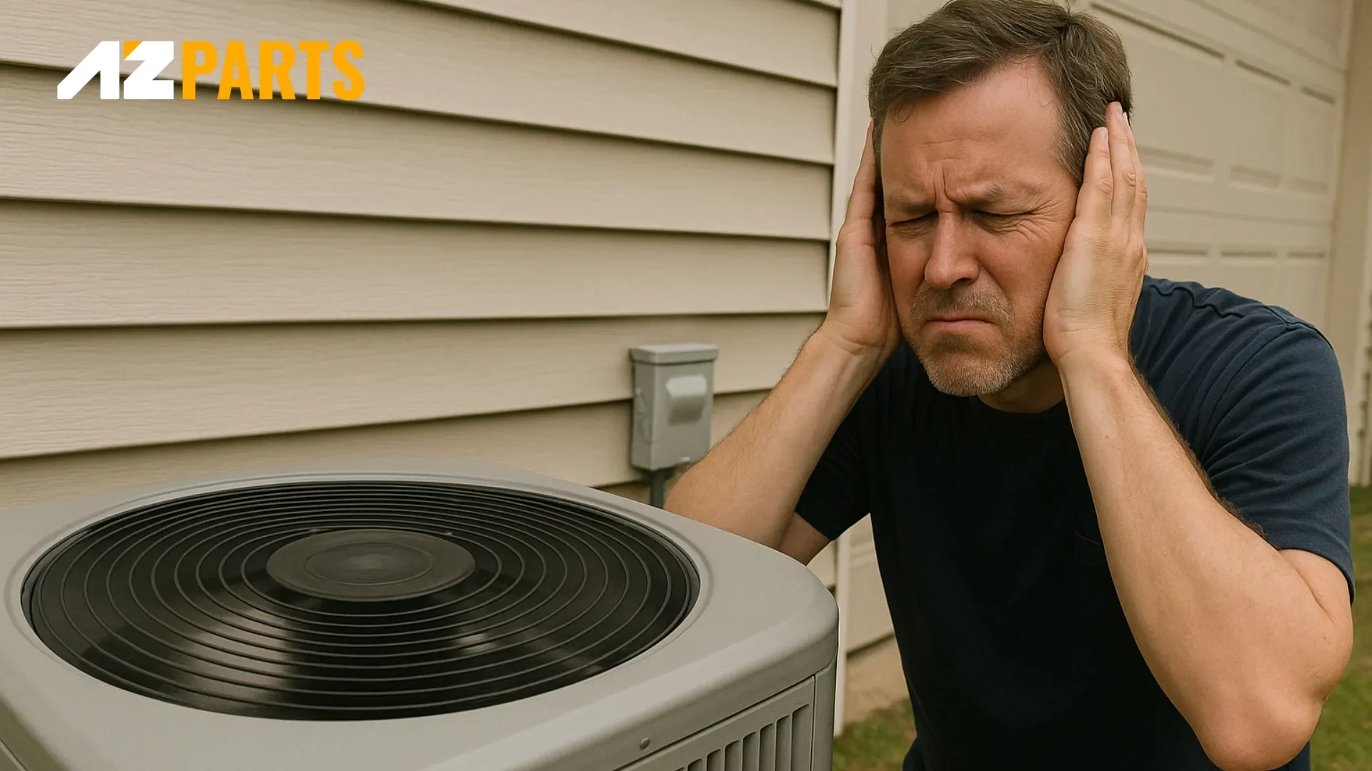 Man covers ears due to noisy, slow-spinning AC fan