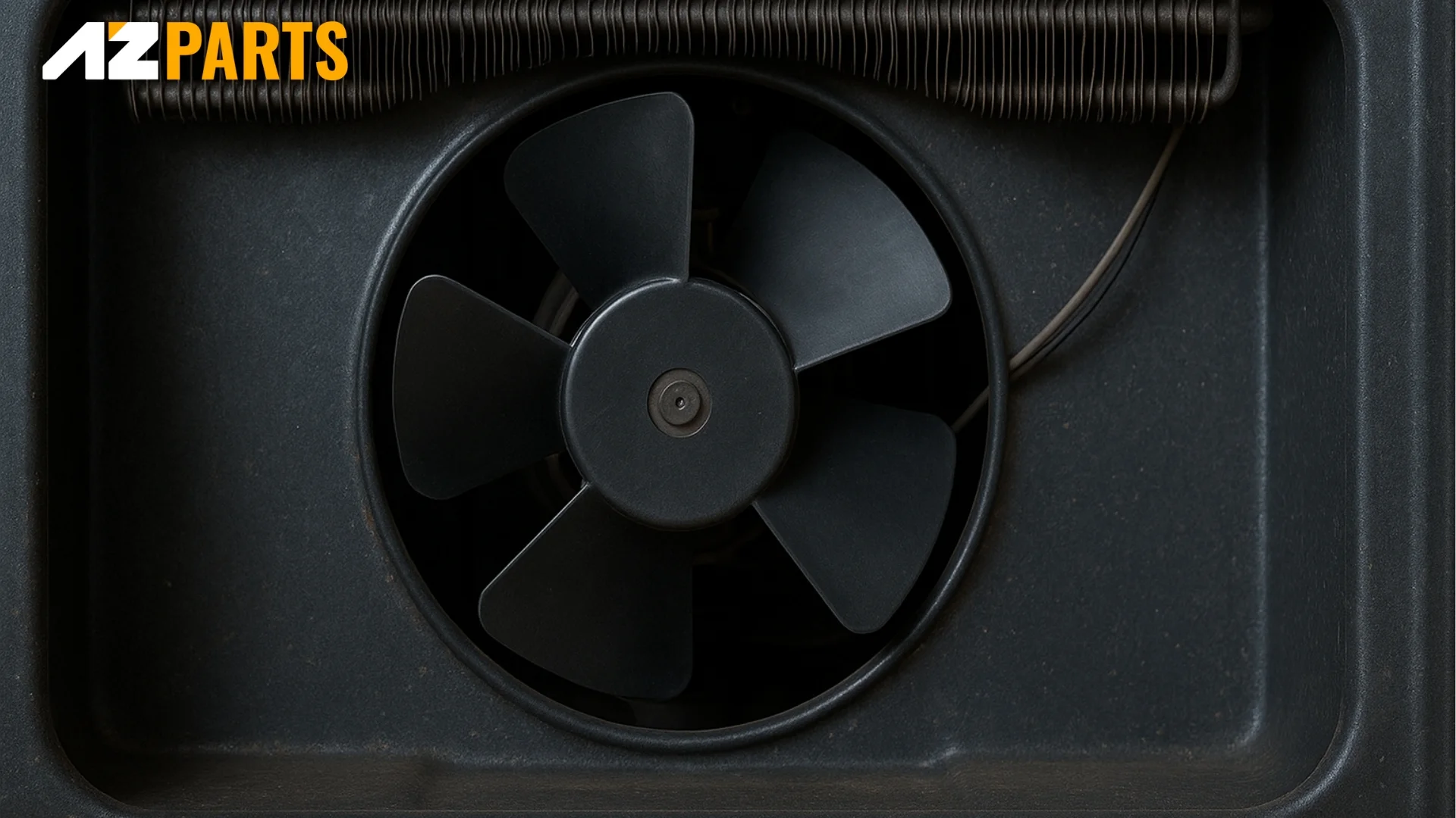 Close-up of inactive refrigerator condenser fan, dusty and unpowered