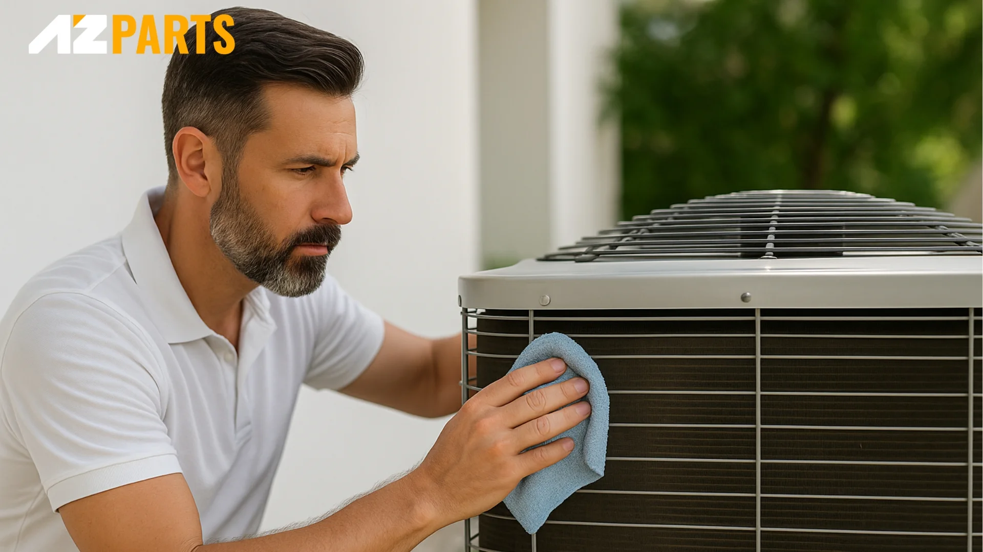 Wiping down outdoor AC condenser with a cloth